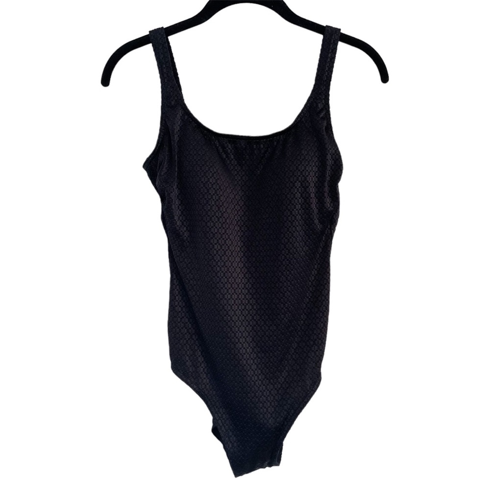 NEW Vintage Baltex Black Textured Sheen One Piece Swimsuit Sz 10 High Cut Open